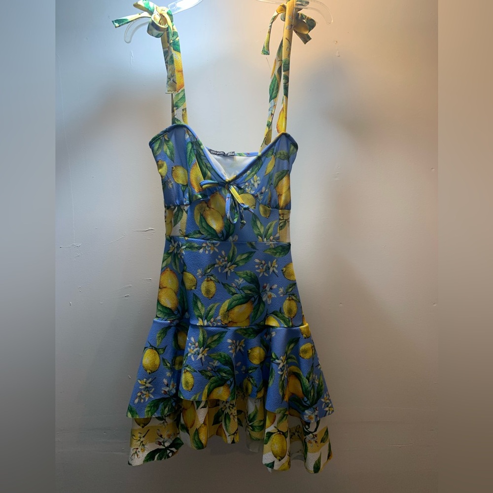 5/$25 NEW BooHoo Petite Mix Lemon Tie Strap Ruffle Skater Dress size US 6.